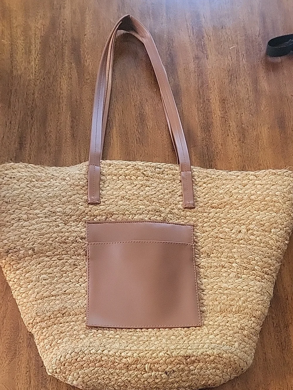 Woven Straw Tote Bag with Brown Trim And Detachable Tote.